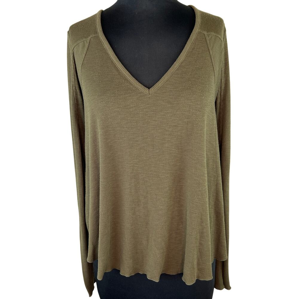 Free People Intimately Olive Green Ribbed Knit Deep V Neck Long Slv Top Large L